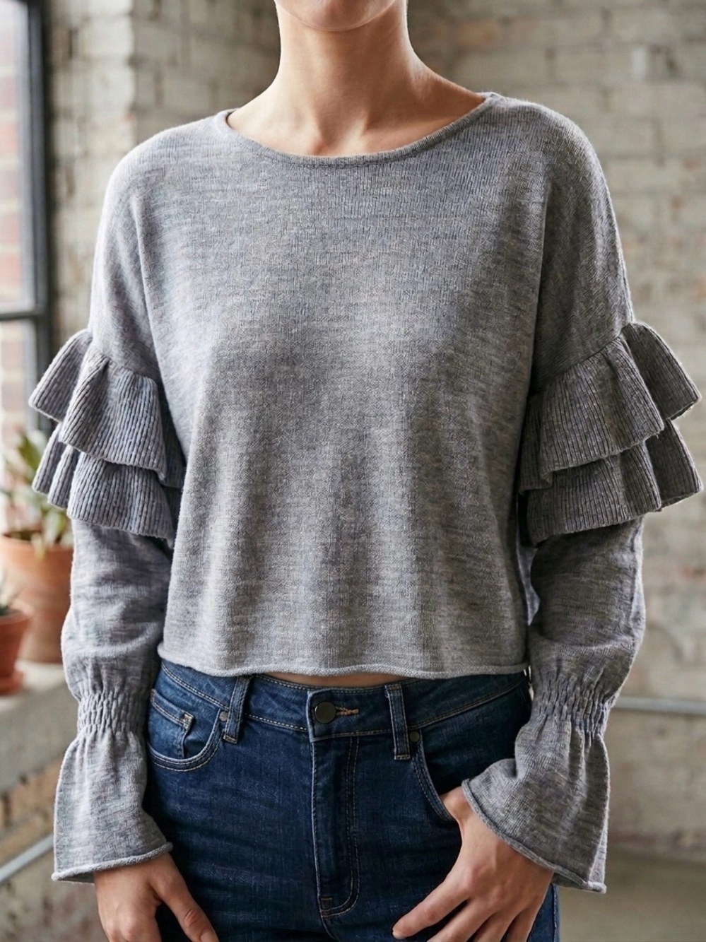 Mustard Seed Gray Ruffle-Sleeve Knit Sweater